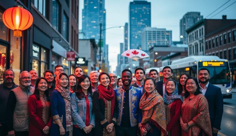 Diverse group of people standing together on a Canadian city street with subtle festival lantern and fan details, representing Canada’s multicultural identity shaped by immigration.