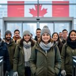 Diverse international applicants in winter clothing standing at a Canadian admissions checkpoint with a blurred Canada-themed background.