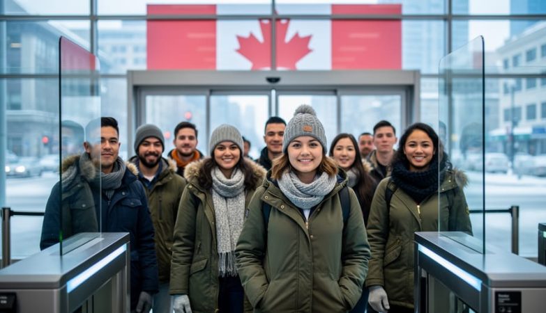 Diverse international applicants in winter clothing standing at a Canadian admissions checkpoint with a blurred Canada-themed background.