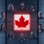 Glowing maple leaf window concept with blurred author silhouettes and a cool winter prairie background, representing Canadian literature featured on Netflix.