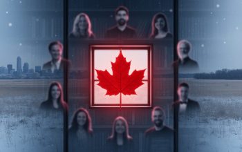 Glowing maple leaf window concept with blurred author silhouettes and a cool winter prairie background, representing Canadian literature featured on Netflix.