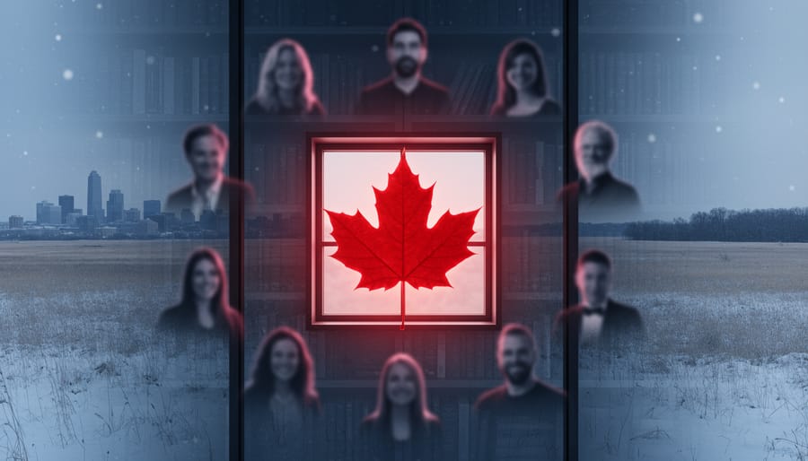 Glowing maple leaf window concept with blurred author silhouettes and a cool winter prairie background, representing Canadian literature featured on Netflix.