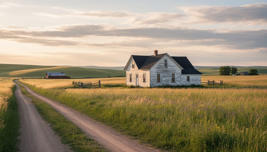 A windswept field with a distant farmhouse under an overcast sky