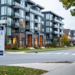 A medium-wide view of modern Canadian condominium buildings and detached homes under bright overcast light, with a blurred street and trees in the background.