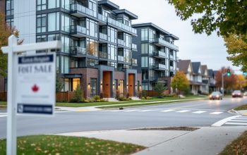 A medium-wide view of modern Canadian condominium buildings and detached homes under bright overcast light, with a blurred street and trees in the background.