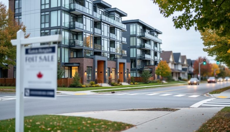 A medium-wide view of modern Canadian condominium buildings and detached homes under bright overcast light, with a blurred street and trees in the background.