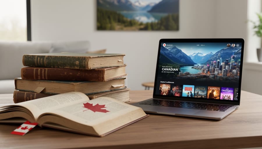 A vintage book beside a streaming device silhouette on a desk under soft daylight