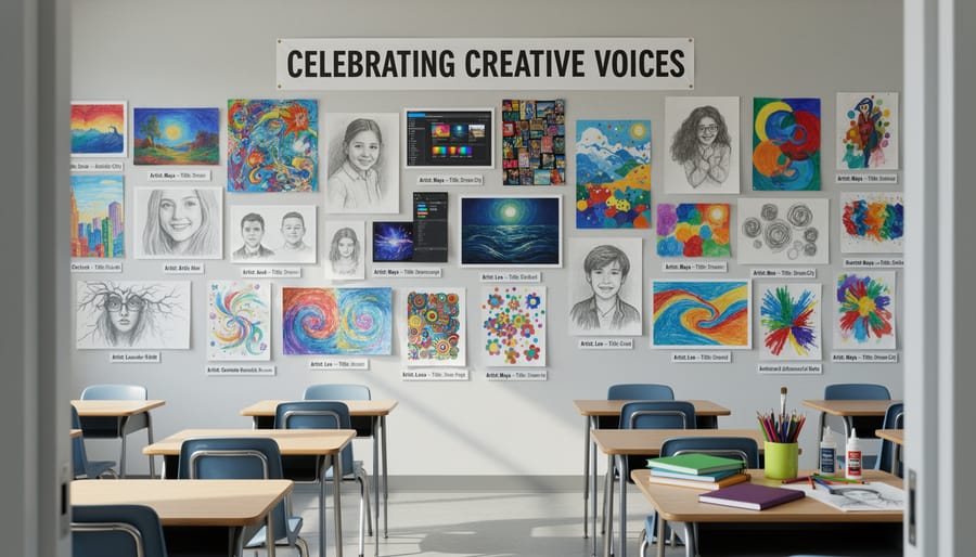 Student artworks displayed on an art classroom wall with bold colors and layered textures.