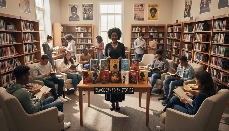 Diverse group of people browsing and discussing books in a bright community library.