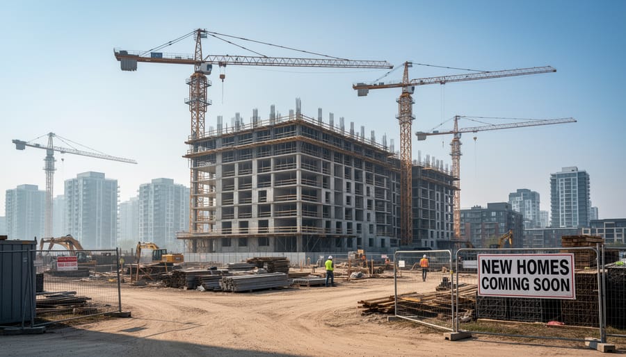 Workers near a partially built condominium structure at a Canadian construction site during dusk.