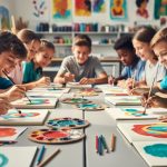 Diverse students painting and drawing at a shared table in a bright art classroom, with colorful paints, brushes, and open sketchbooks visible.