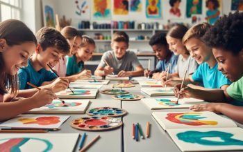 Diverse students painting and drawing at a shared table in a bright art classroom, with colorful paints, brushes, and open sketchbooks visible.