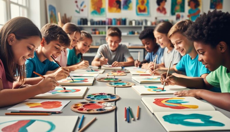 Diverse students painting and drawing at a shared table in a bright art classroom, with colorful paints, brushes, and open sketchbooks visible.