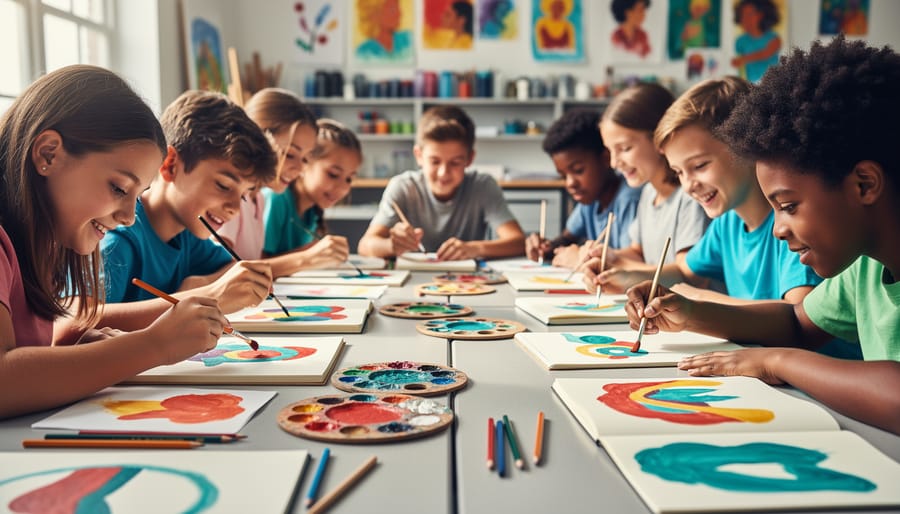 Diverse students painting and drawing at a shared table in a bright art classroom, with colorful paints, brushes, and open sketchbooks visible.