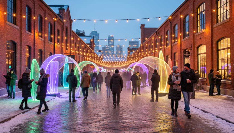 Warm glowing light installations in a snowy Distillery District setting with visitors in the foreground.
