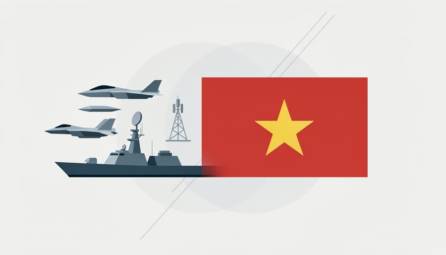 Vietnamese flag waving next to modern coastal defense equipment with the sea and horizon blurred in the background.