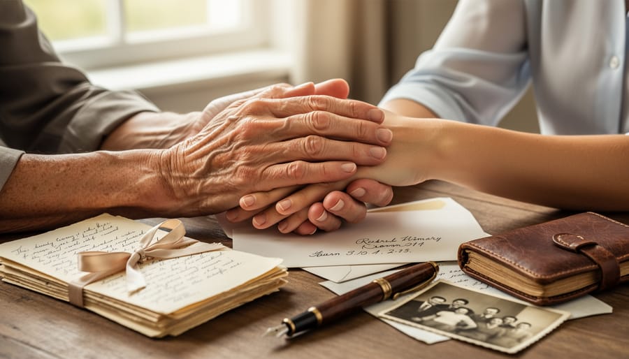 Close-up of hands holding an envelope beside an open memoir book on a kitchen table.