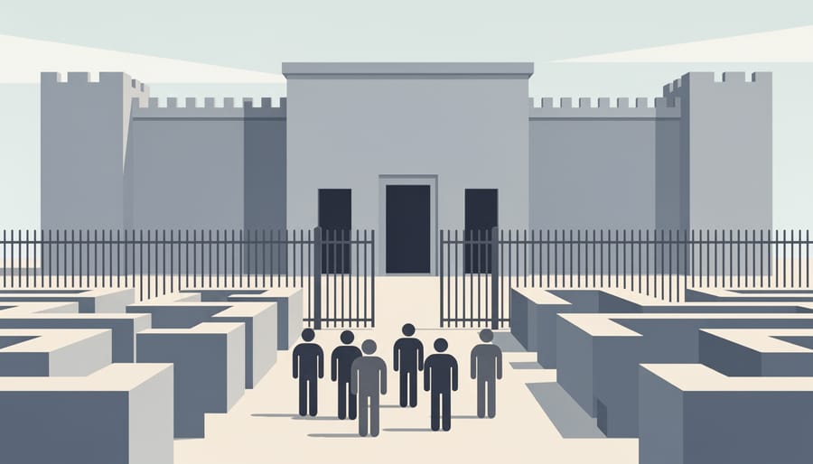 A government building facade with closed doors and a security fence under an overcast sky.