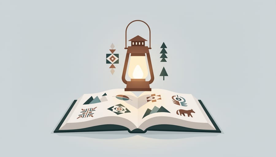 A lantern casting warm light on an open book with handwritten-style markings