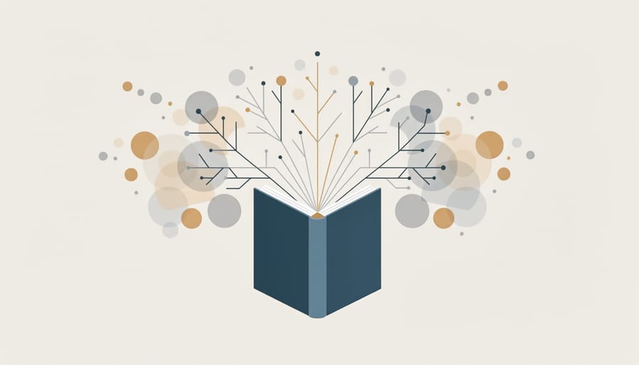 Leather-bound book on a wooden table with light spilling across fanned pages.