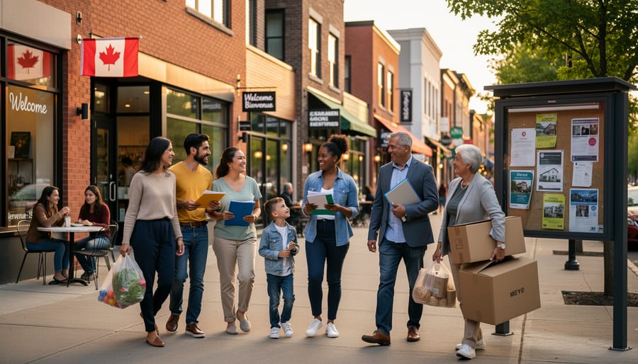 A diverse group of newcomers walking together outdoors near a community center in changing seasons