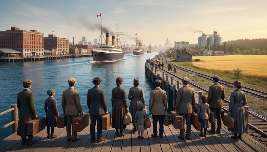 A historic-style ship arrives at a Canadian port with passengers visible in silhouette.