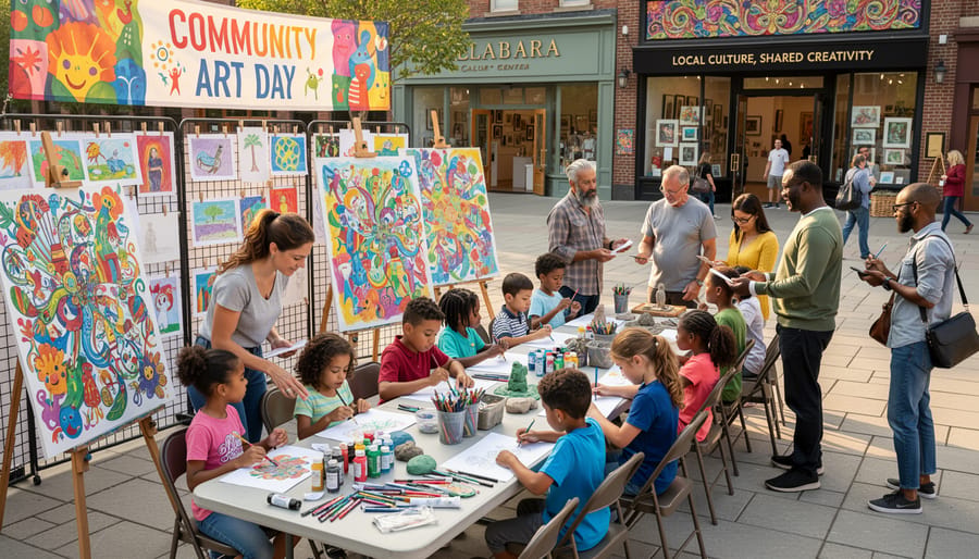 People participating in an outdoor community mural painting event with paint supplies and colorful mural panels.