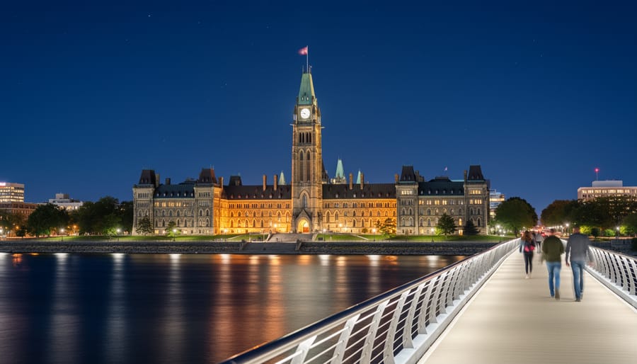 People walking near Canada’s Parliament buildings at dusk under blue-gray twilight