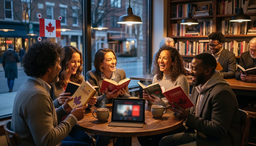 People reading and discussing books at a wooden café table