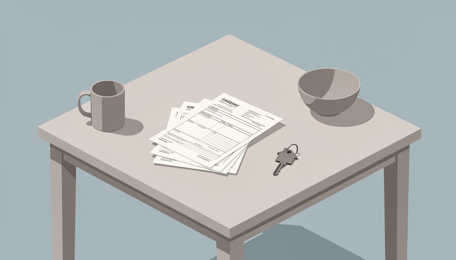 Apartment keys on a table next to unreadable monthly paperwork, representing rental housing decisions.