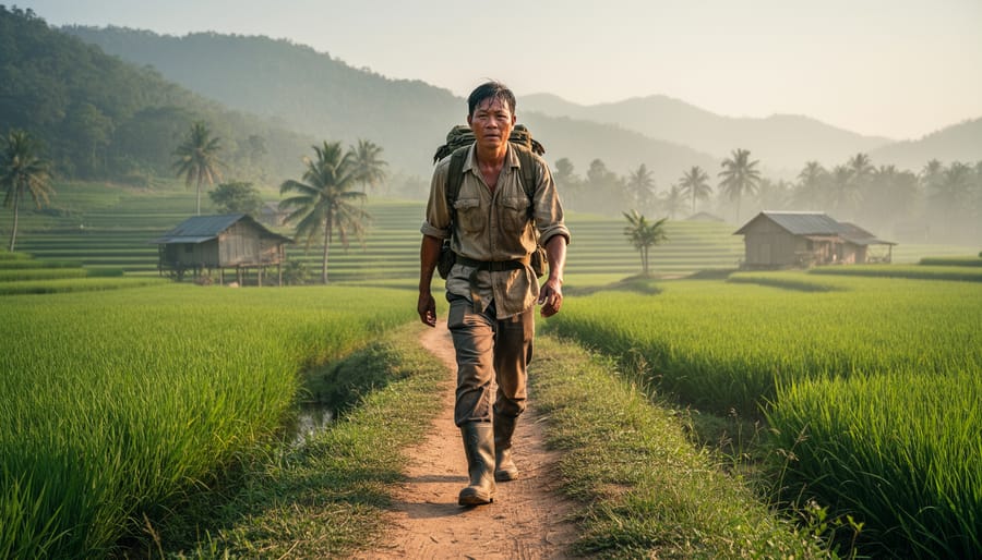 A group of Vietnamese fighters moves along a shaded path through rice fields at dusk, with blurred rural scenery behind them.
