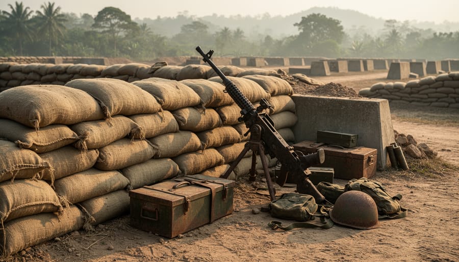 Close-up of rusted artillery remnants and worn sandbags in a grassy outdoor compound under an overcast sky.