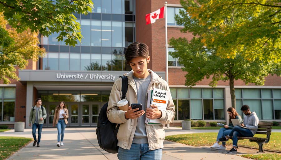 International student holding a passport and study materials at a university entrance