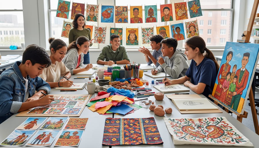 Students from diverse backgrounds working together with paint, collage materials, and fabric swatches at an art table.