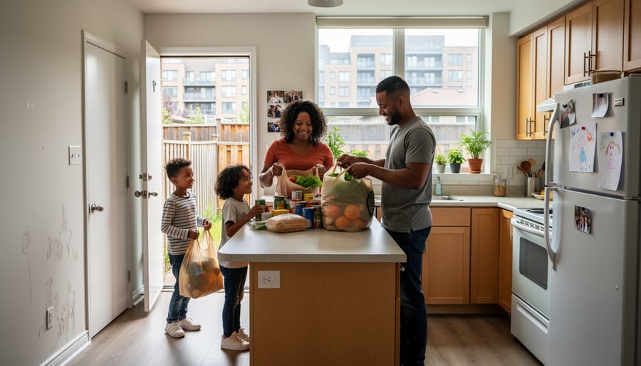 A person brings groceries into a bright apartment, showing everyday life inside a Canadian city home.