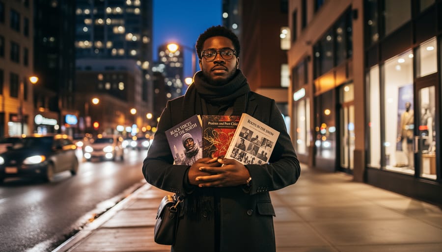 Person walking through a Toronto street at dusk holding a stack of books.