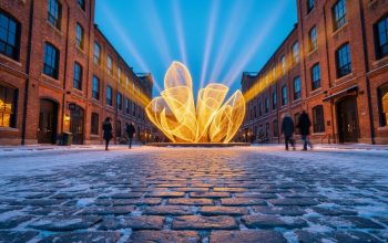 Winter night in Toronto’s Distillery Historic District with glowing light installations and warm reflections on snowy cobblestones.