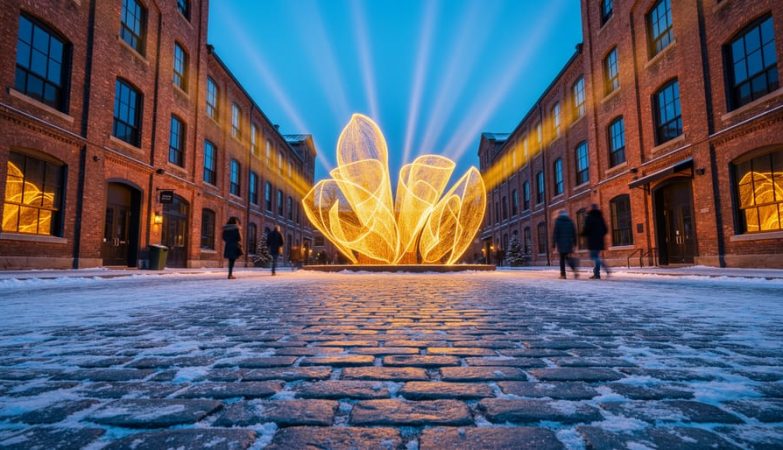 Winter night in Toronto’s Distillery Historic District with glowing light installations and warm reflections on snowy cobblestones.
