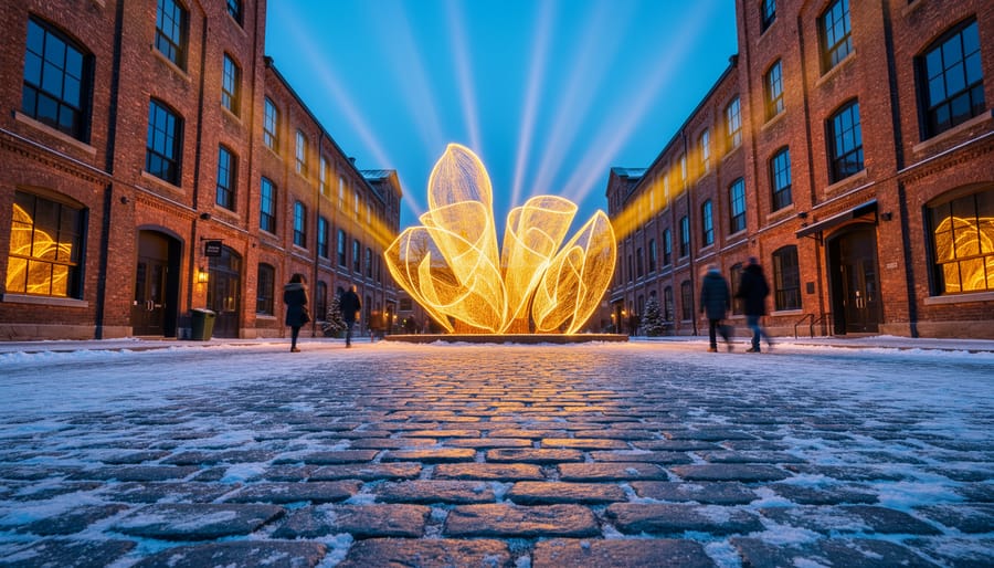 Winter night in Toronto’s Distillery Historic District with glowing light installations and warm reflections on snowy cobblestones.