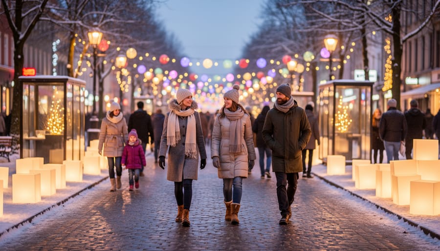 People dressed for winter walking along a softly lit Toronto festival pathway with glowing bokeh lights behind them.