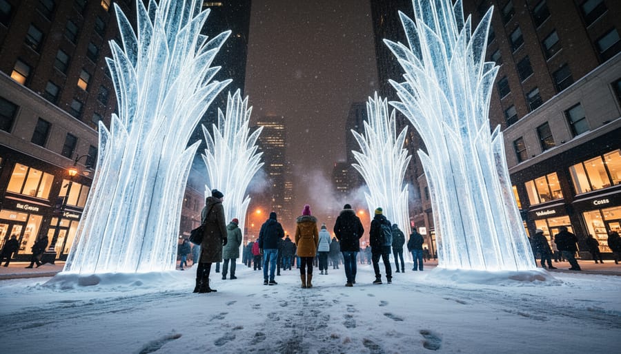 A low-angle view of a tall sculptural light installation with a crowd watching at night during a snowy winter festival.