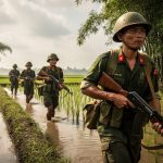 Vietnamese soldiers advancing through lush rice paddies with bamboo cover under dramatic natural light.