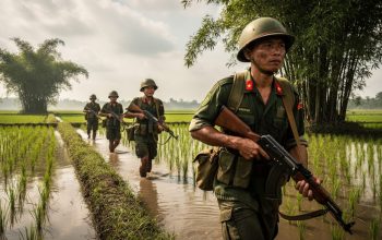 Vietnamese soldiers advancing through lush rice paddies with bamboo cover under dramatic natural light.