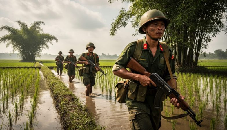 Vietnamese soldiers advancing through lush rice paddies with bamboo cover under dramatic natural light.