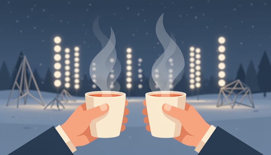 Mittened hands holding a warm drink near a window with blurred glowing festival lights in the snowy nighttime background.