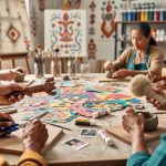 Diverse adults collaborating at an art table in a community studio, creating crafts and holding storytelling and drumming-related props.