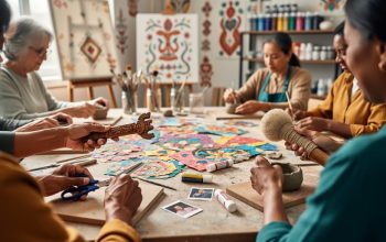Diverse adults collaborating at an art table in a community studio, creating crafts and holding storytelling and drumming-related props.