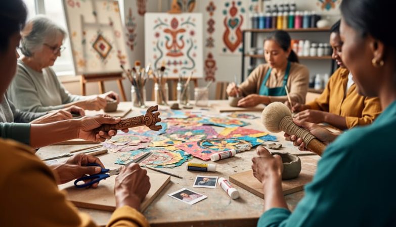 Diverse adults collaborating at an art table in a community studio, creating crafts and holding storytelling and drumming-related props.