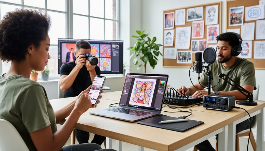 A group of artists at home desks using laptops and tablets to prepare and share artwork.