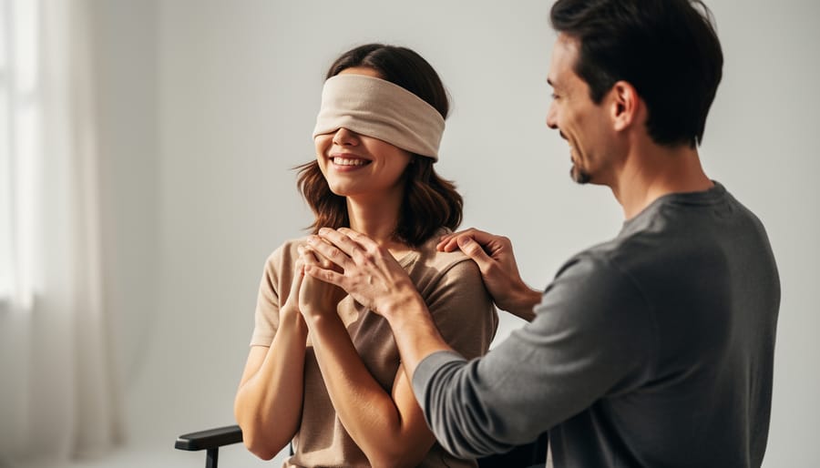 Adult drawing a portrait with charcoal while blindfolded, guided by a partner in an art classroom.